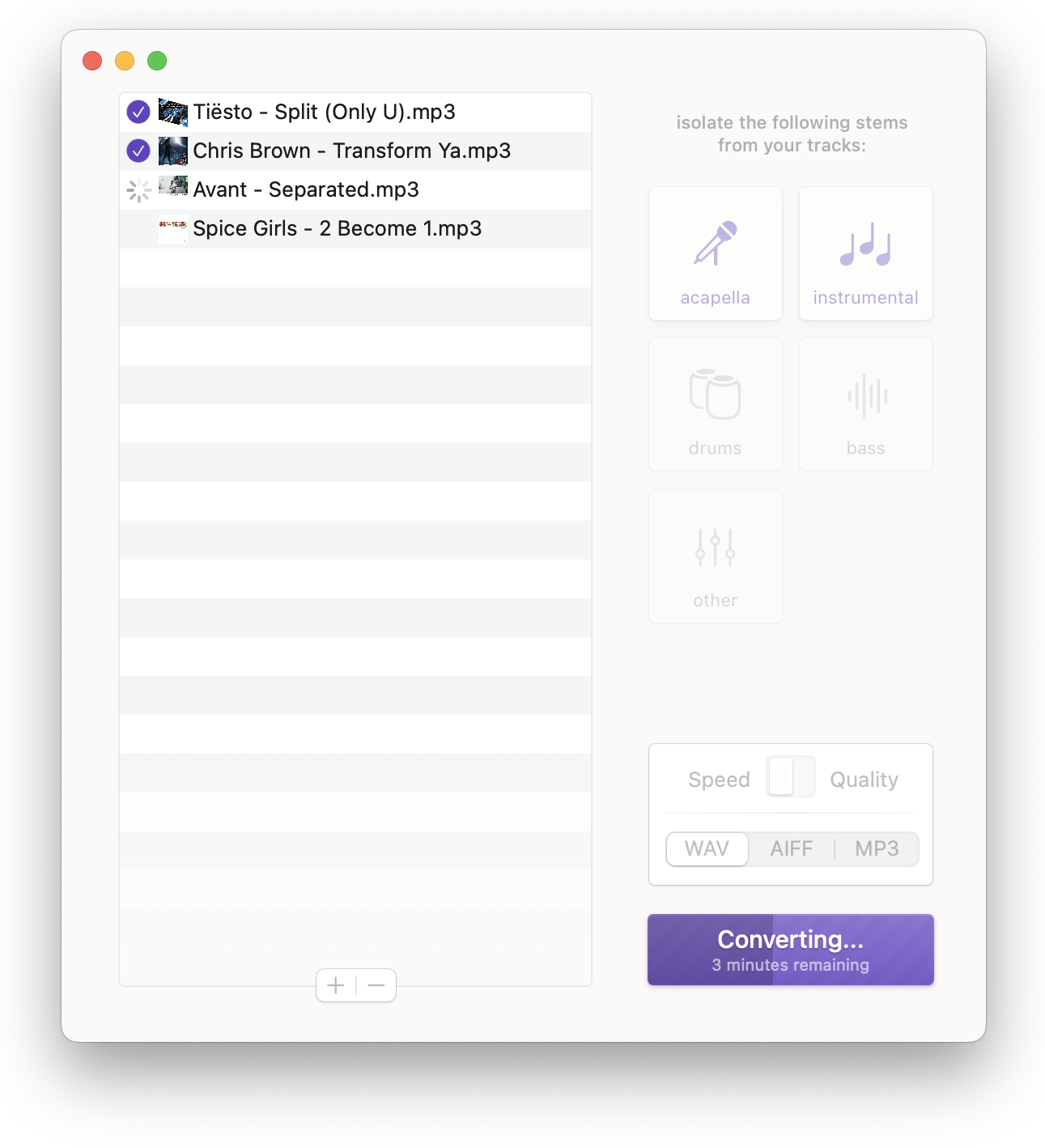 Stemverter 3 window showing audio tracks being converted to stems with a progress bar