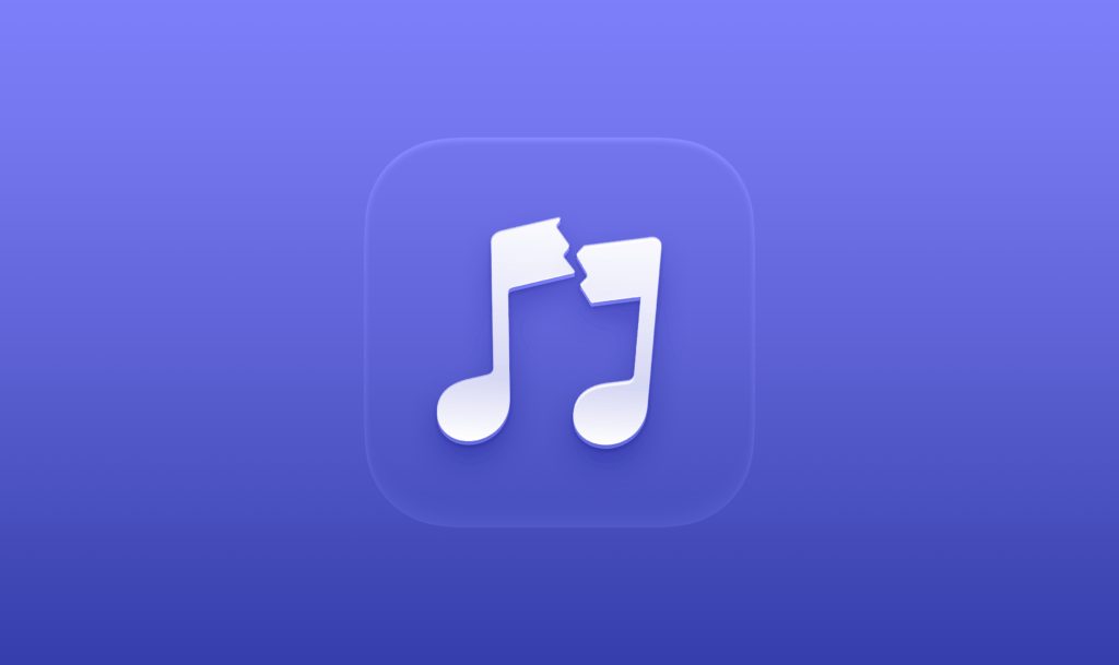 A purple app icon depicting two musical notes with a crack through them, set against a gradient purple background, hints at Stemverter 3.