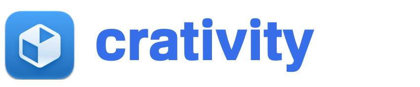 Blue square icon of a white 3D box next to the word "crativity" in blue lowercase letters on a transparent background.