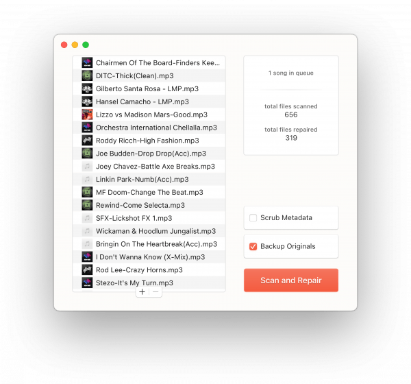Screenshot of 3vise displaying a list of audio files on the left and options to scrub metadata, backup originals, and scan and repair on the right.
