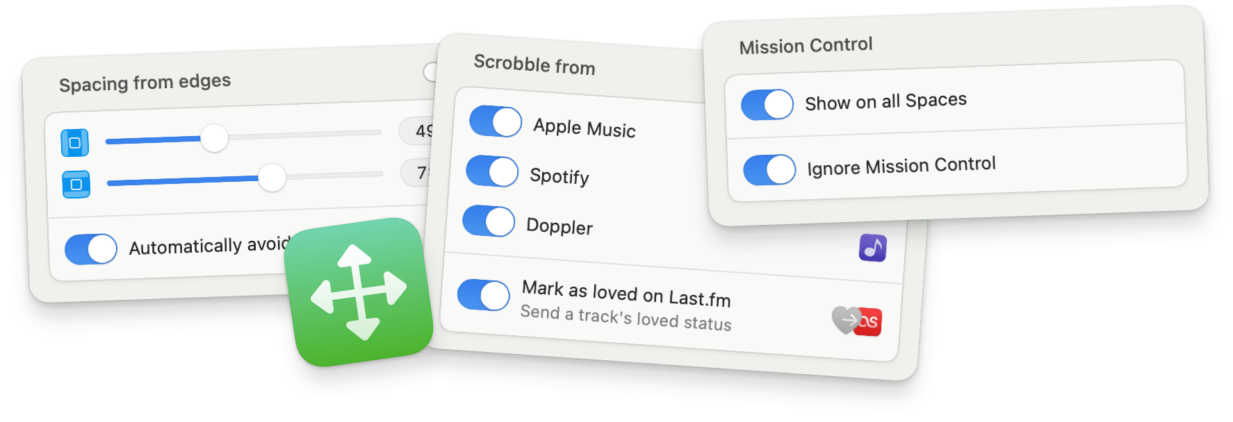 A user interface showing settings with sliders for spacing, options for scrobbling from music services, mission control settings, and integration with Last.fm. An app icon with arrows is also visible.
