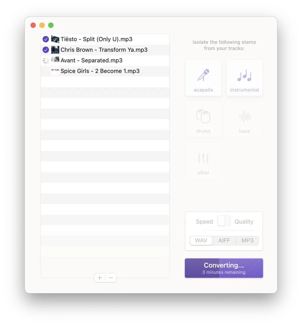 A Stemverter 3 window showing a list of four audio tracks with options to isolate different audio stems. A progress bar indicates that a track is being converted with 3 minutes remaining.